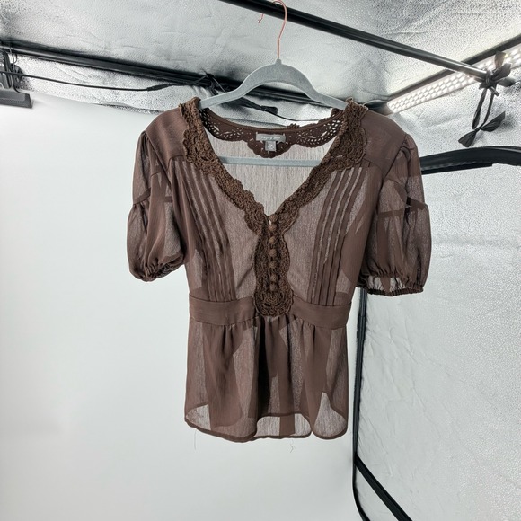 Apt. 9 Tops - Coquette Cottagecore Brown Sheer Crochet Lace Trim Puff Sleeve Blouse Top PM